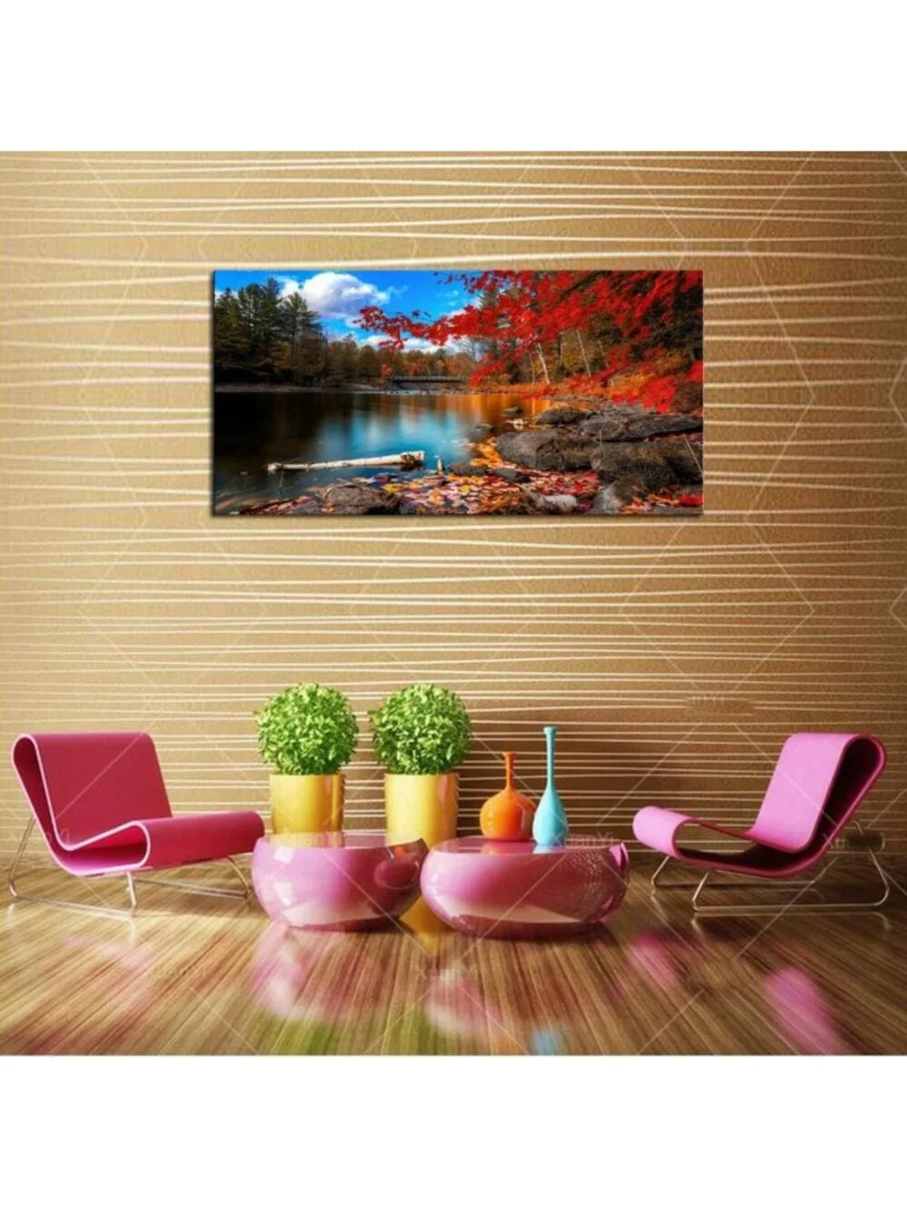 Lake Mountain Canvas Wall Art - Red Maple Leaf Nature Decor for Living Room